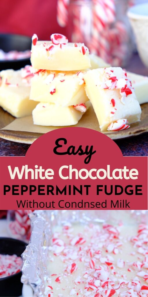 Creamy white chocolate peppermint fudge is a no bake recipe. Add to your holiday dessert tray or give as treats this holiday season. #fudge #peppermint #holiday #EasyDessert