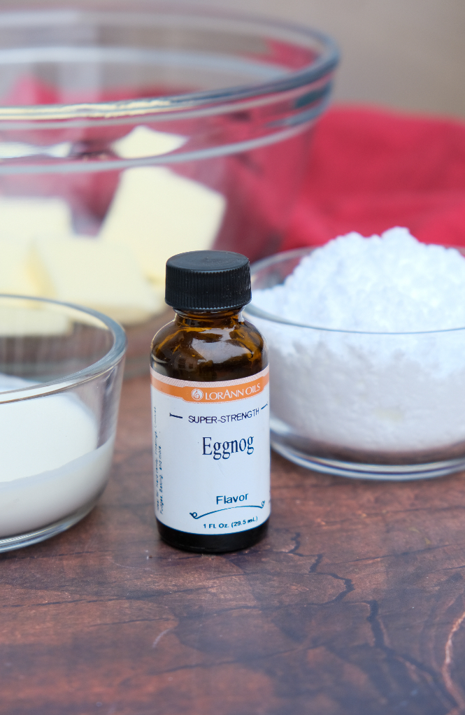 Eggnog extract with ingredients to make buttercream frosting. 