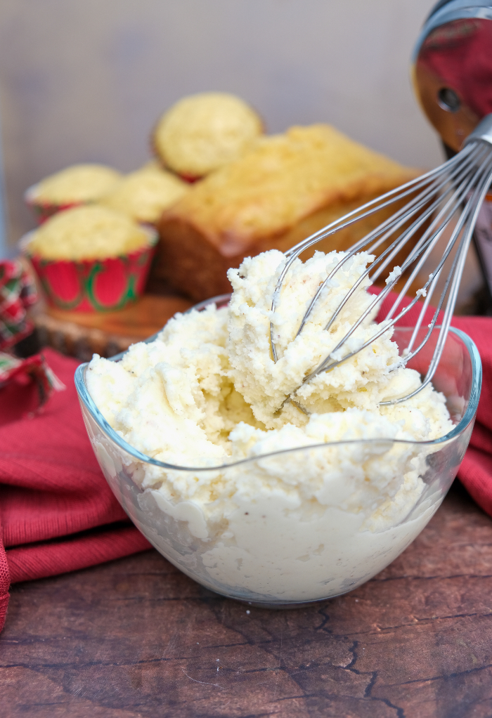 Eggnog buttercream  frosting in a mixing bowl. 