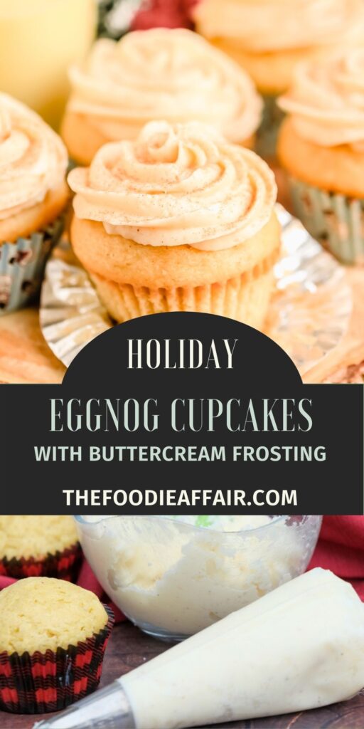 Eggnog cupcakes with buttercream frosting is a great way to use seasonal eggnog in a dessert. #eggnog #cupcakes #holiday #Dessert #ChristmasDessert