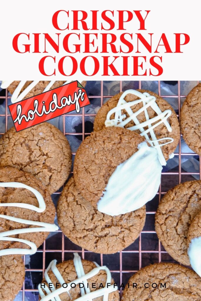 rispy gingersnap cookies with a spicy peppery flavor is a classic holiday cookie with the perfect crunchy snap. Dip in white chocolate for a whole new flavor profile. #Christmas #Cookies #HolidayDessert #Gingersnap 
