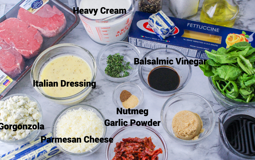 Ingredients to make steak gorgonzola alfredo dish.