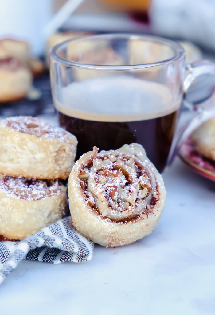 Pecan pie crust cookies with a cup of coffee ready to eat. 