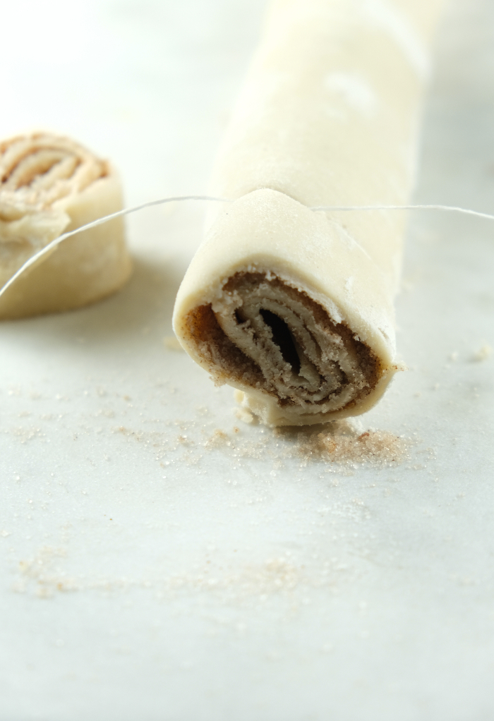 Sliced pie crust cookies with floss.