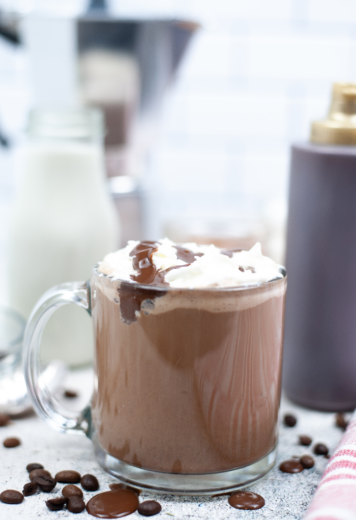 Starbucks skinny mocha coffee drink with whipped cream. 