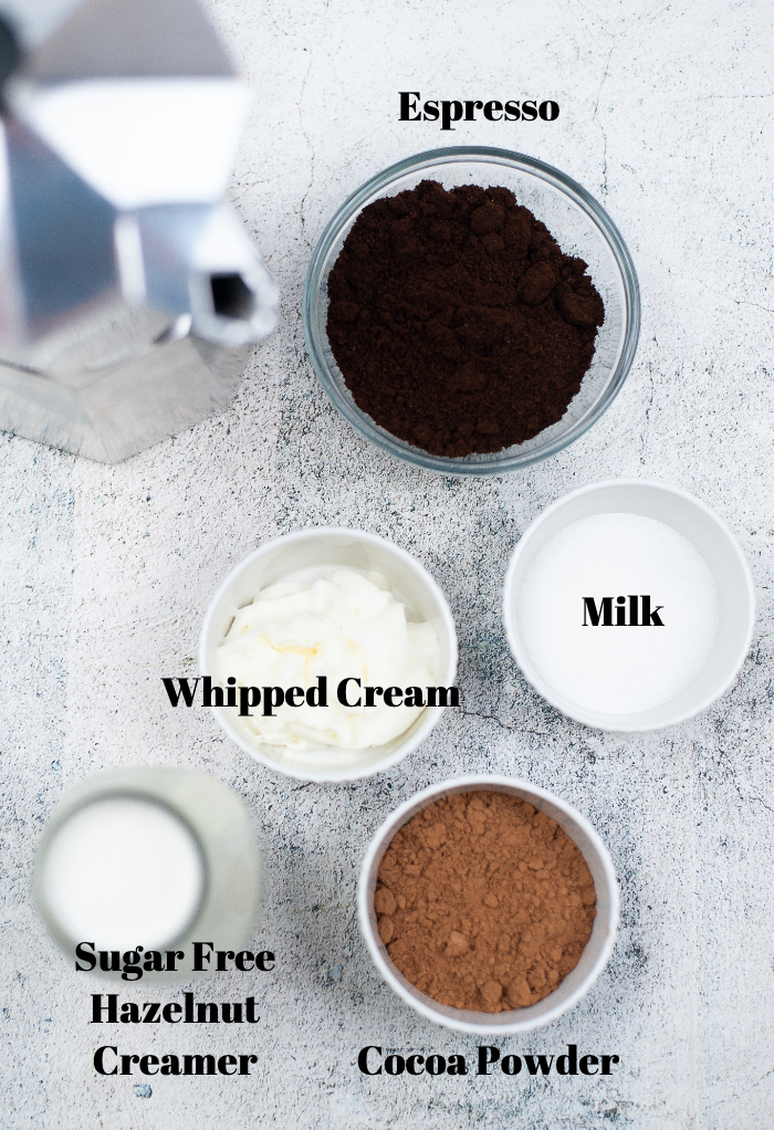 Ingredients to make copycat Starbucks skinny mocha beverage.