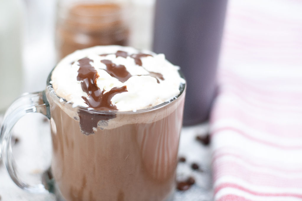 Copycat Starbucks skinny mocha in a clear mug.