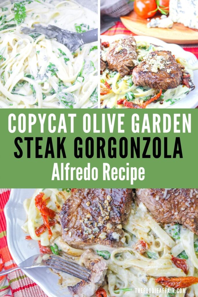 Copycat Olive Garden steak gorgonzola alfredo sauce recipe. Delicious creamy homemade alfredo sauce with steak marinated in a simple Italian dressing. Make this copycat recipe at home. #steak #dinner #copycat #OliveGarden