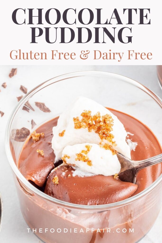 Creamy and decadent homemade chocolate pudding. This delicious homemade recipe is gluten free and dairy free. Enjoy for a decadent dessert or snack. #Pudding #Chocolate #GlutenFree #DairyFree #Dessert #HealthyDessert