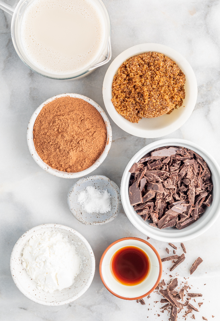 Ingredients to make gluten free chocolate pudding.