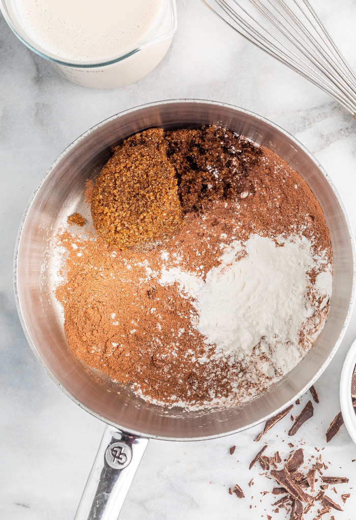 Dry ingredients to make chocolate pudding.