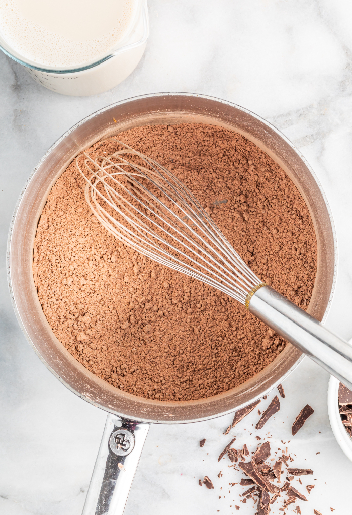 Whisked dry ingredients for chocolate pudding in a saucepan.