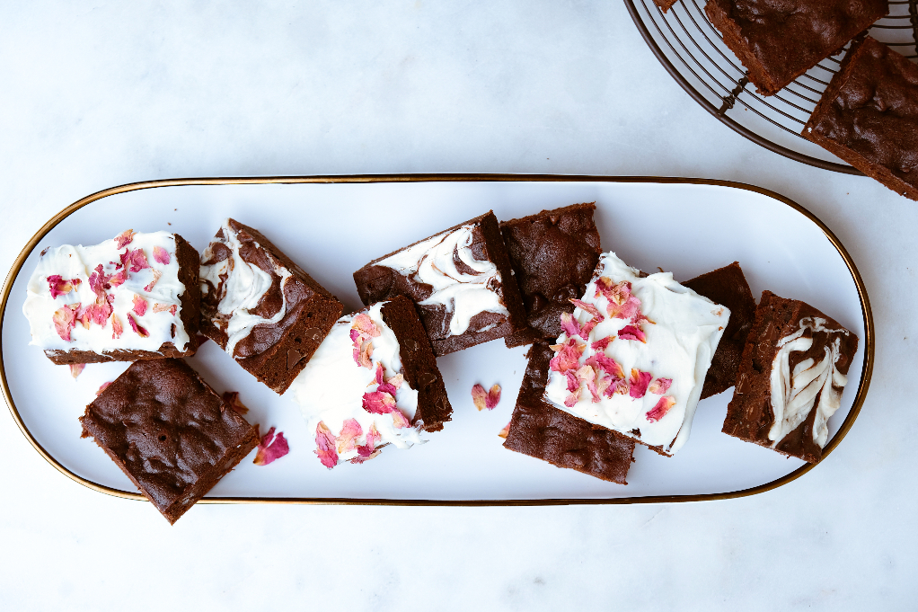 Small batch brownies made three ways; plain, with a chocolate swirl or topped with white chocolate. 
