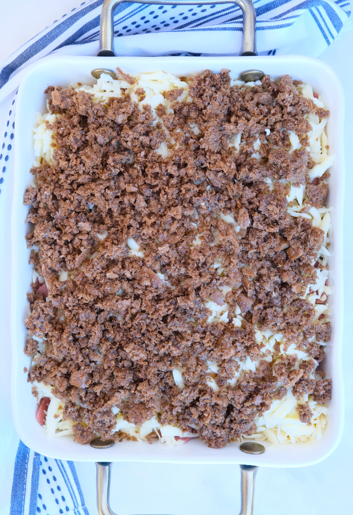 Rye bread crumbs over rueben casserole before baking