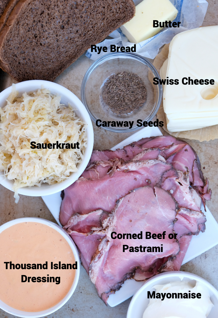 Ingredients needed to make a Reuben casserole.