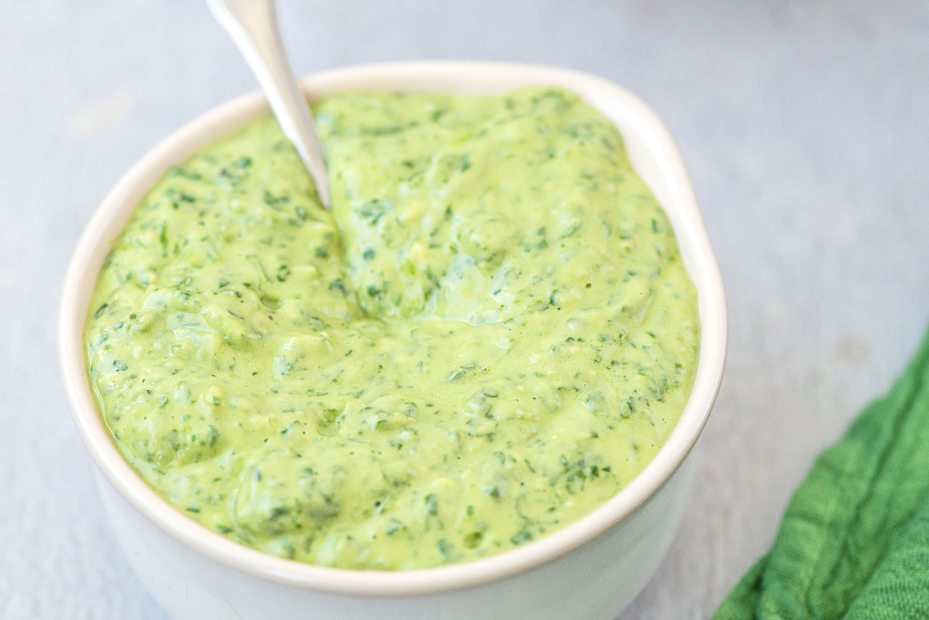 Homemade dressing in a white serving bowl. 