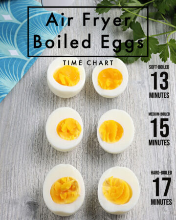 Time chart on how long to boil eggs in an air fryer.