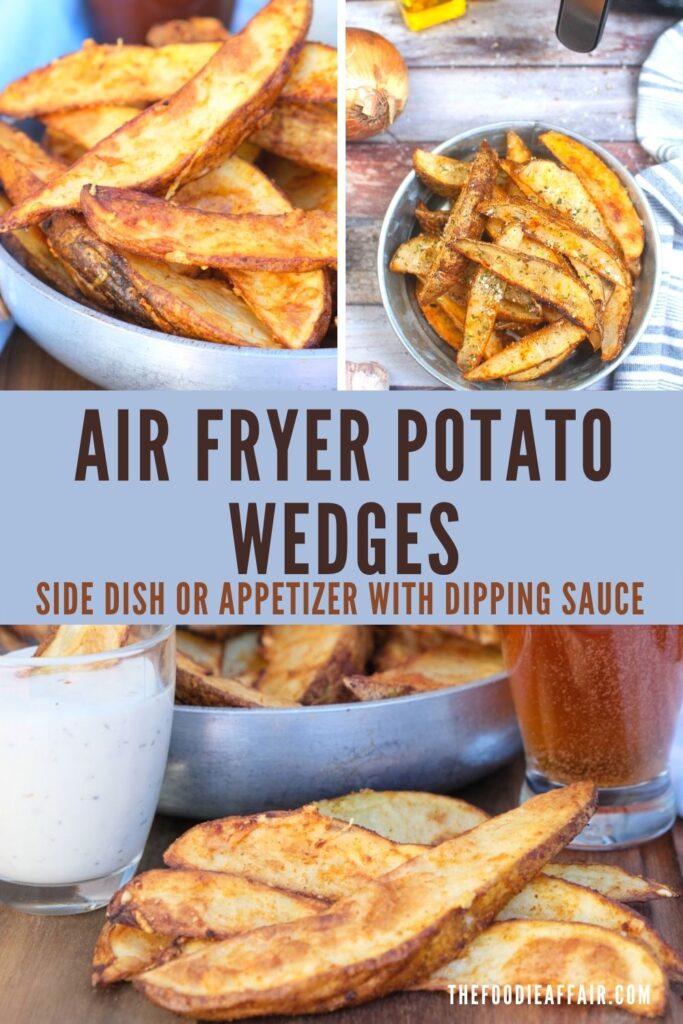 These potato wedges cooked in an air fryer is crispy on the outside with tender creamy potatoes on the inside. Serve as a side dish or enjoy as an appetizer. #AirFryer #Potato #PotatoWedge #EasyRecipe