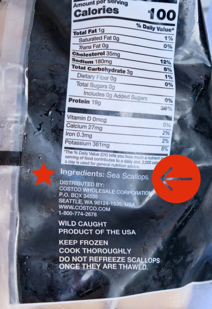 Ingredient list on frozen scallops. 