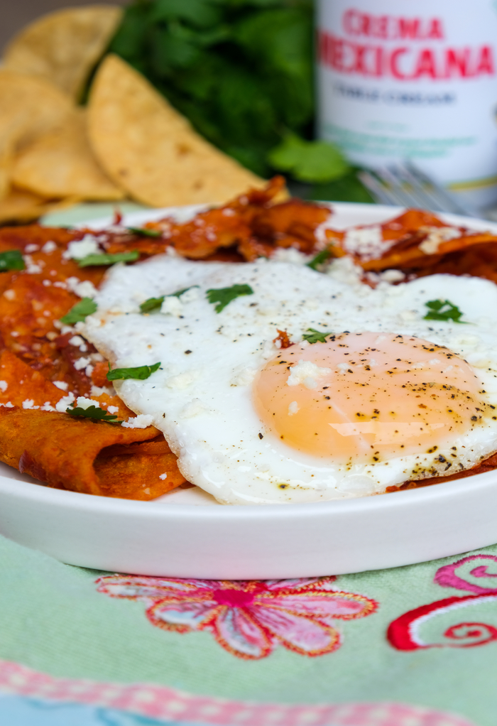 Egg over chile dipped tortilla chips. 