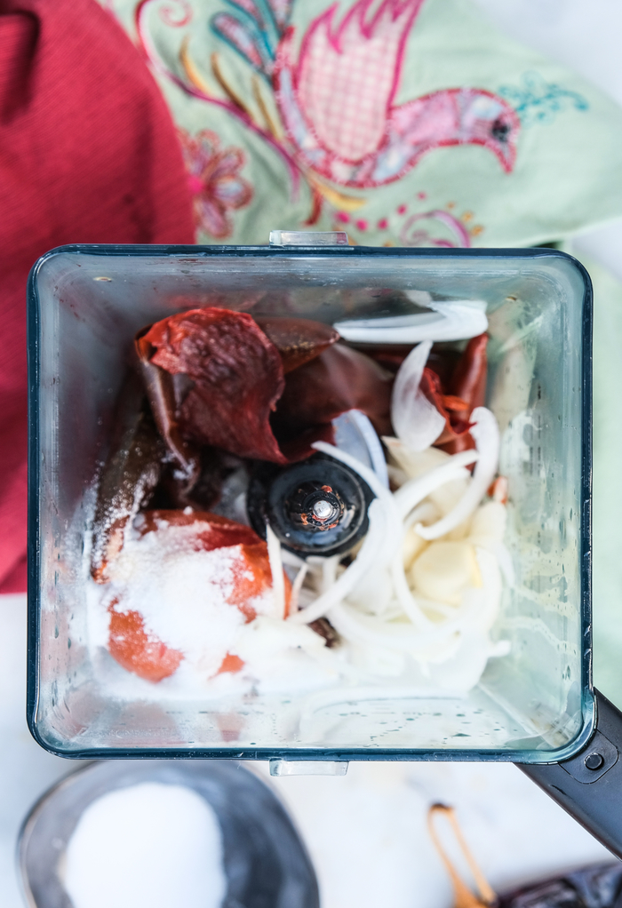 Ingredients in a blender to make chile sauce. 