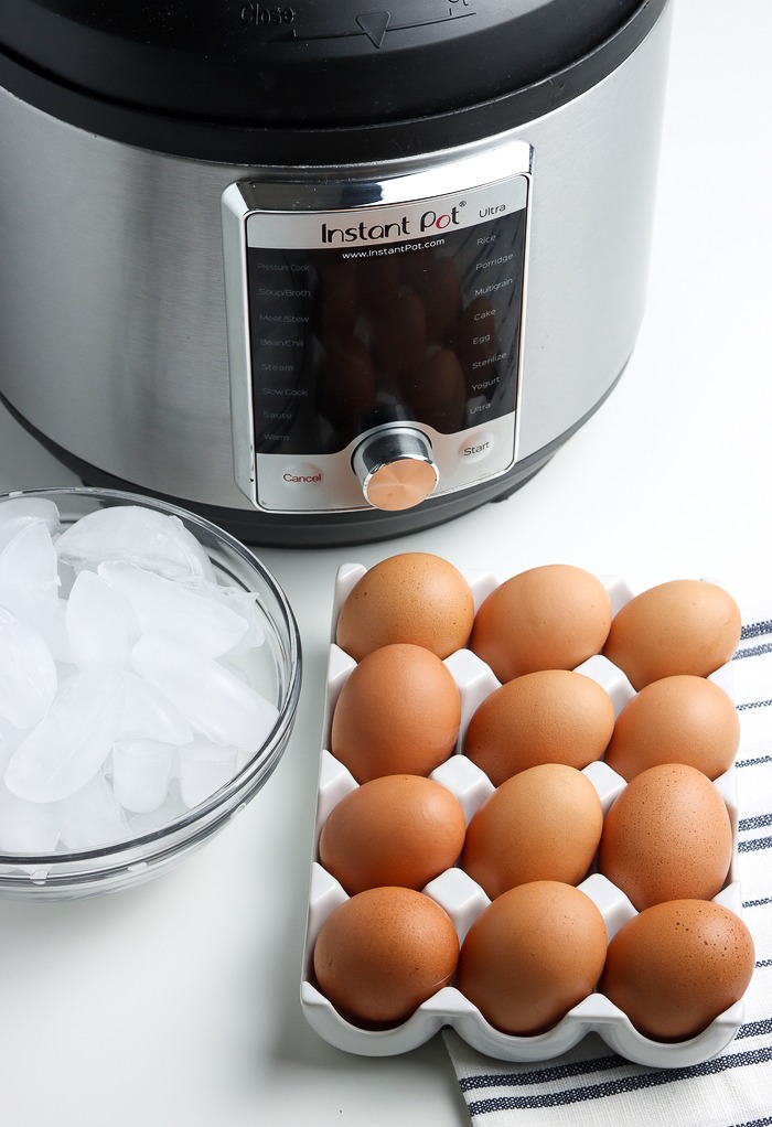 Items needed to make hard boiled eggs in an Instant Pot. 