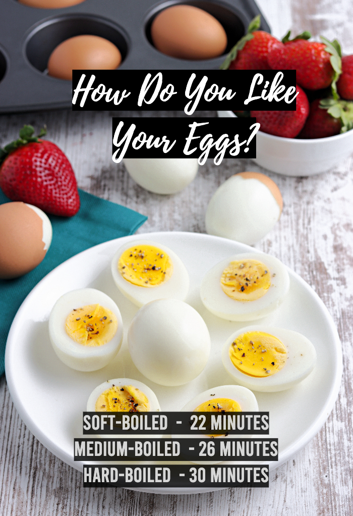 Fresh cooked eggs with times to make them soft, medium or hard. 