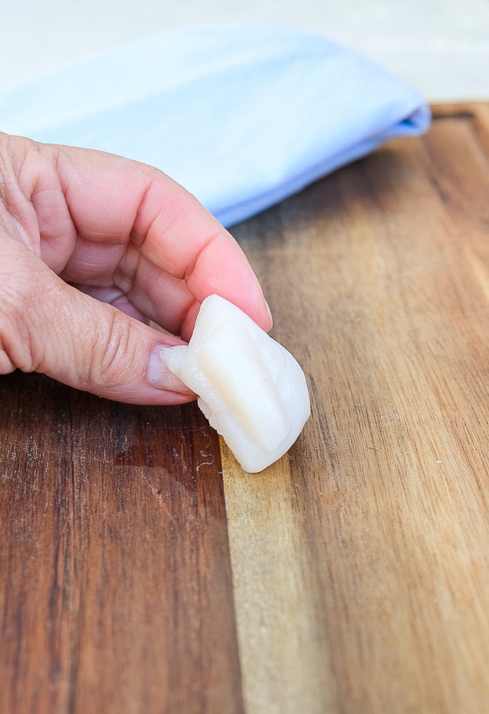 Soft muscle on the side of a scallop.