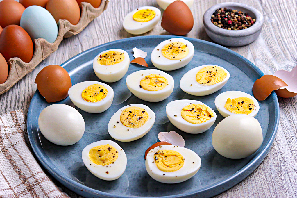 A plate full of hard boiled eggs cut in half on a blue plate. 