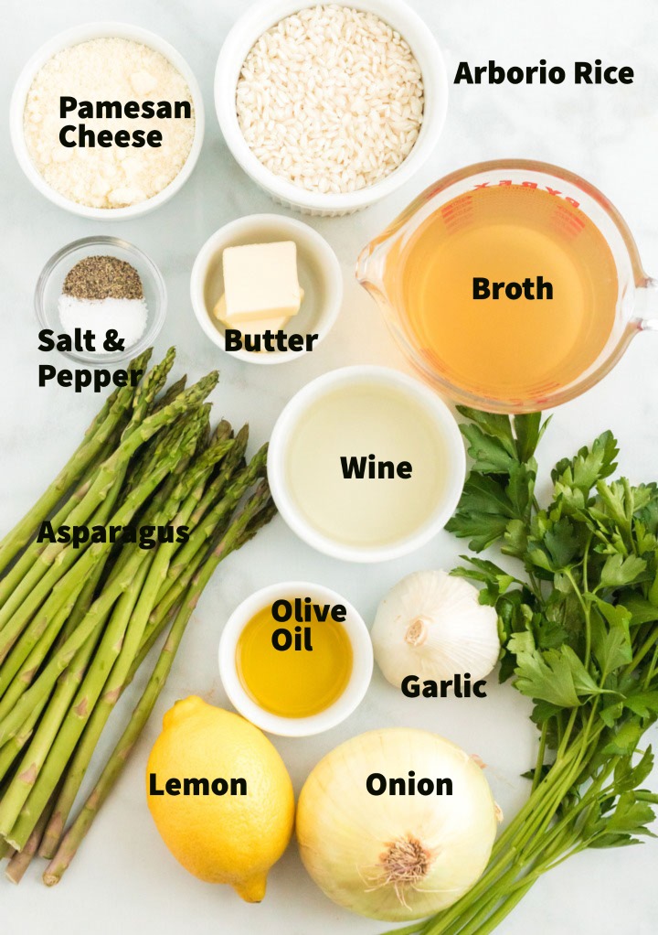Ingredients to make asparagus risotto. 