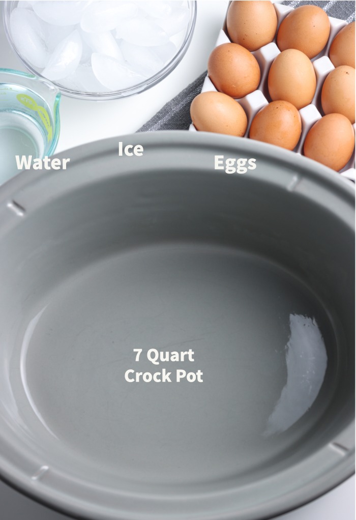 Ingredients and tools needed to make hard boiled eggs in a Crock Pot. 