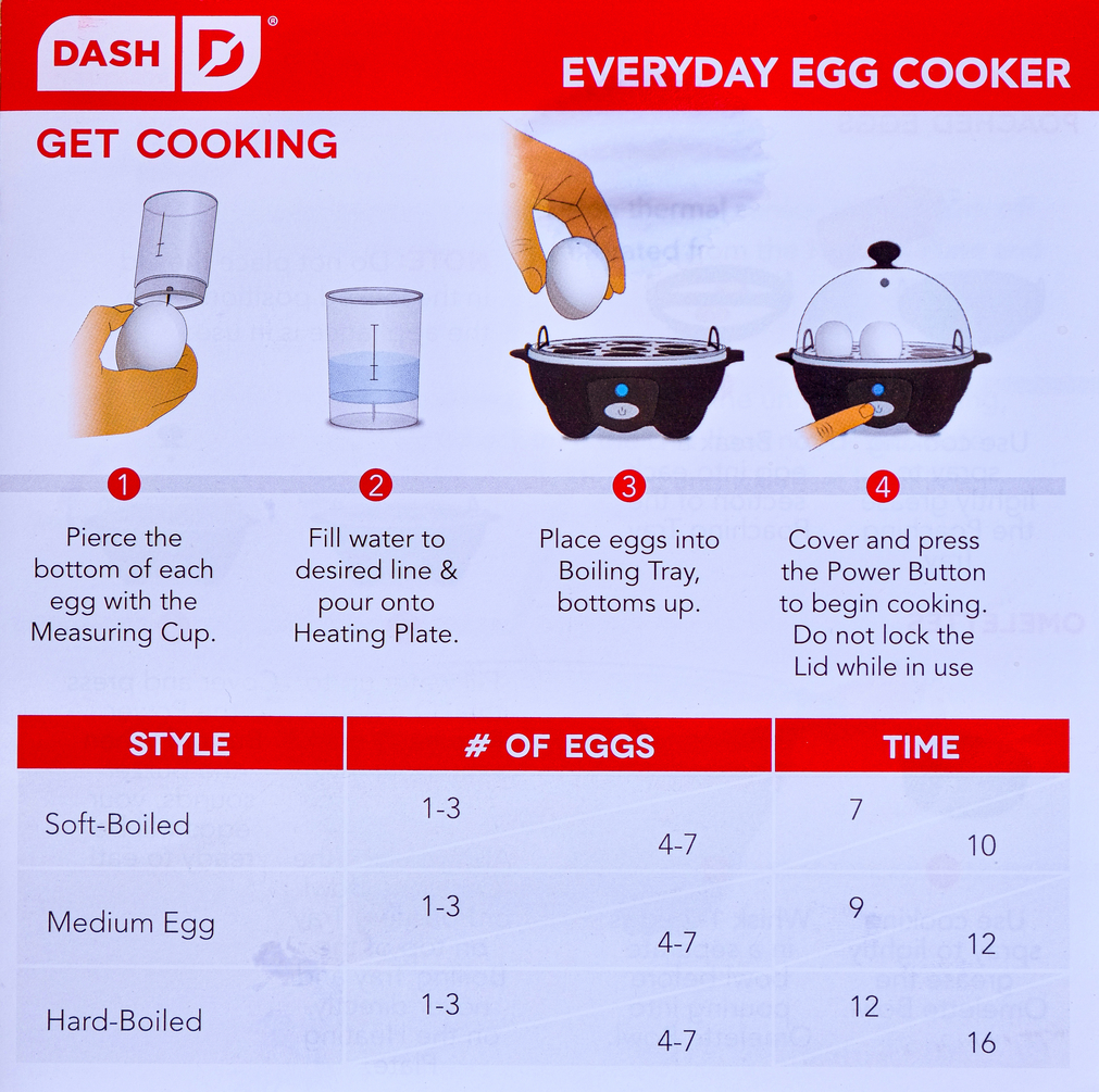 Time chart to cook hard boiled eggs with Dash brand. 