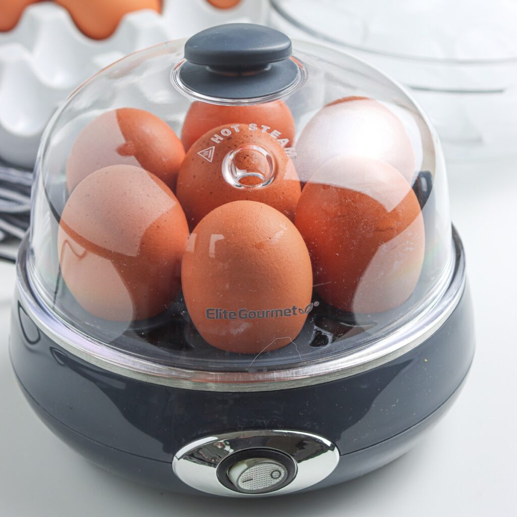 Boiled eggs in an egg cooker.