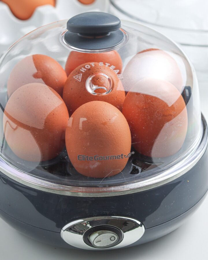 Boiled eggs in an egg cooker.