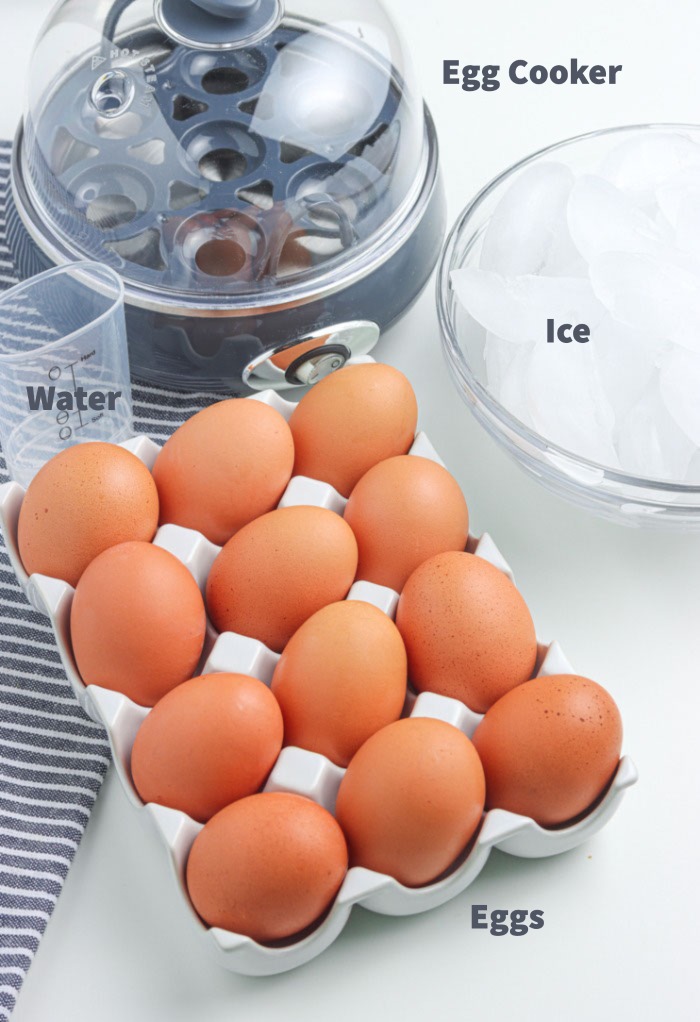 Items needed to make hard boiled eggs in an egg cooker. 