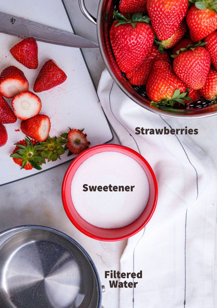 Ingredients to make strawberry simple syrup