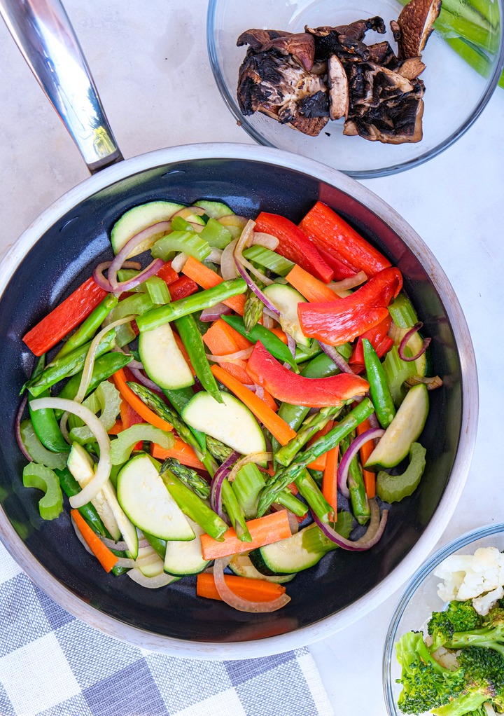 Vegetables in a large skillet. 