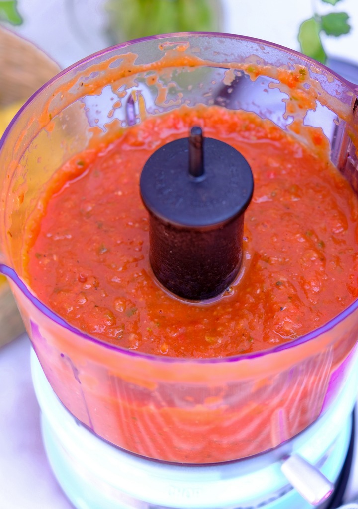 Blended salsa in a small food processor.
