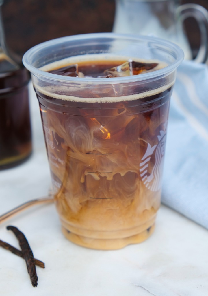 Cold brew Starbucks coffee with vanilla syrup.