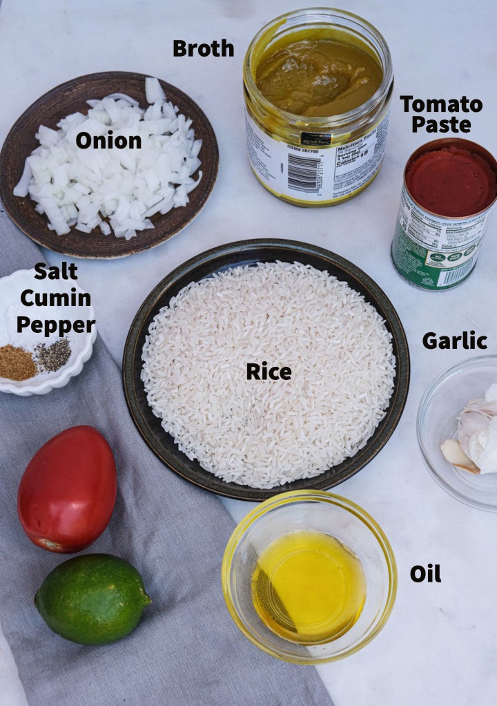 Ingredients to make Mexican Rice in an Instant Pot.