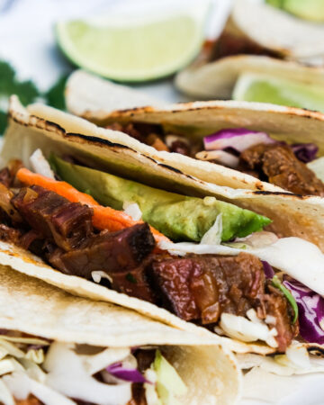 Brisket tacos with leftover beef brisket in corn tortillas.
