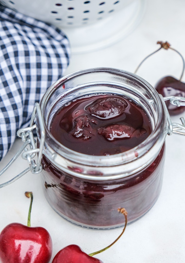 Homemade cherry syrup to use in a cherry mojito recipe. 