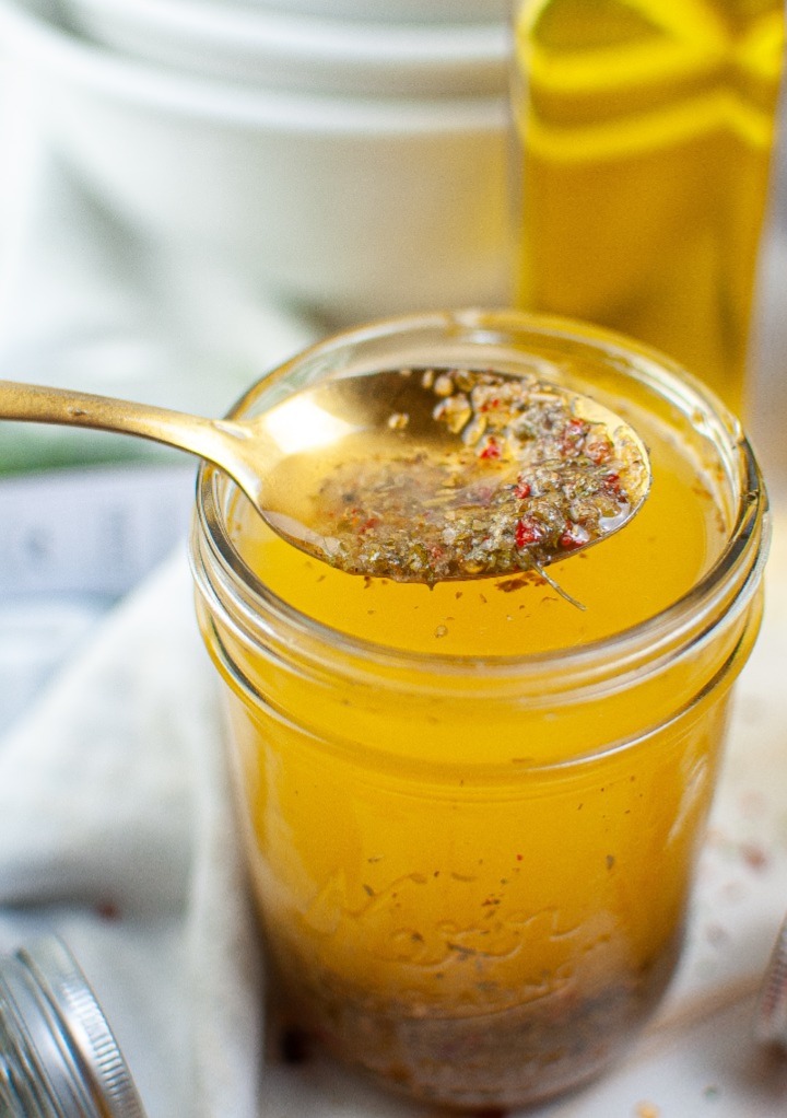 Homemade salad dressing in a mason jar. 