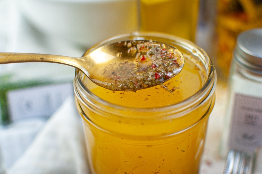 Homemade Italian dressing in a mason jar. 