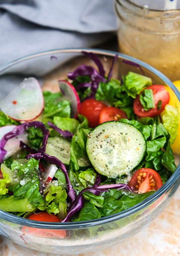 Green salad topped with homemade Italian dressing. 