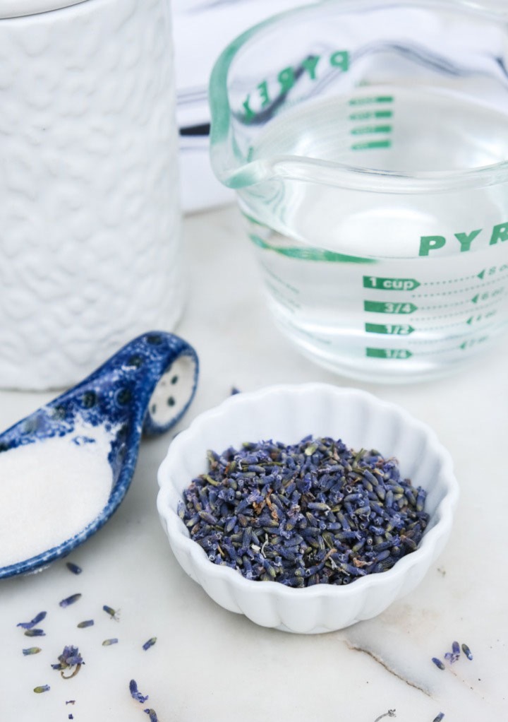 Ingredients to make lavender syrup.