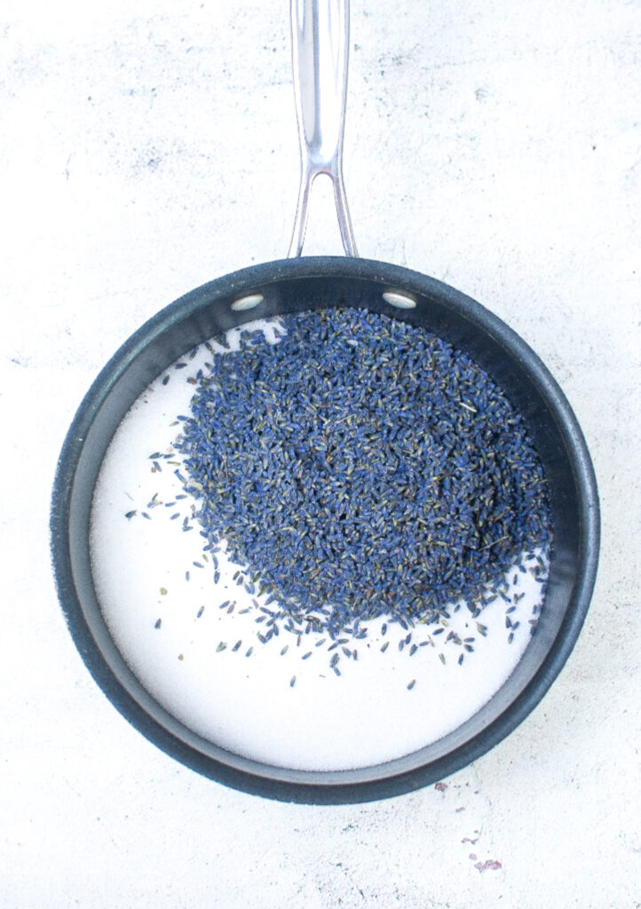 Lavender, sugar and water in a sauce pan to make syrup.