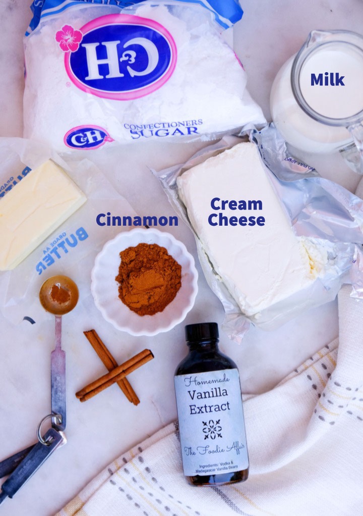Ingredients for cinnamon cream cheese frosting.