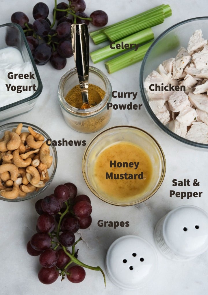 Ingredients to make curried chicken salad.