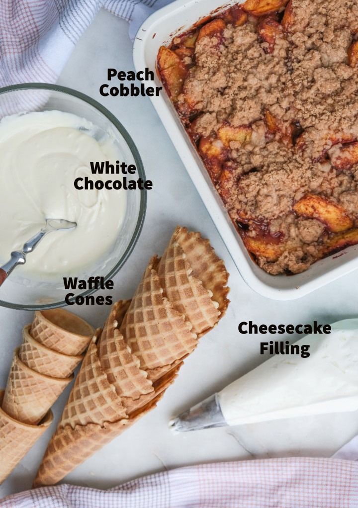 Ingredients to make peach cobbler cheesecake cones.